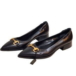 NEW MA&LO Black Leather Pointed Toe Gold Horsebit Flats Loafers 40/9.5 Italy